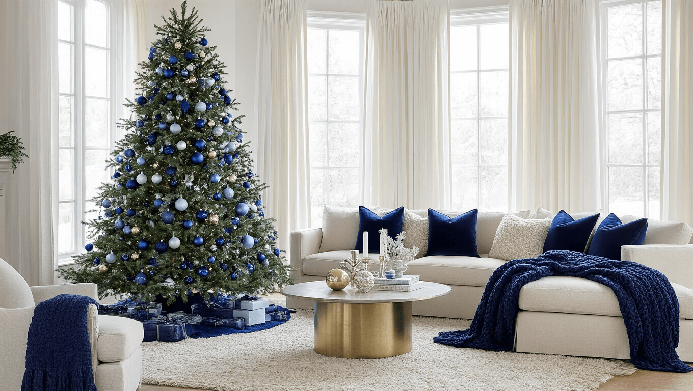 A sophisticated living room decorated for Christmas with blue accents, featuring a Fraser fir tree adorned with blue glass ornaments, a cream sectional sofa with navy pillows, and a marble fireplace mantel adorned with pinecones and string lights, all illuminated by soft natural light.
