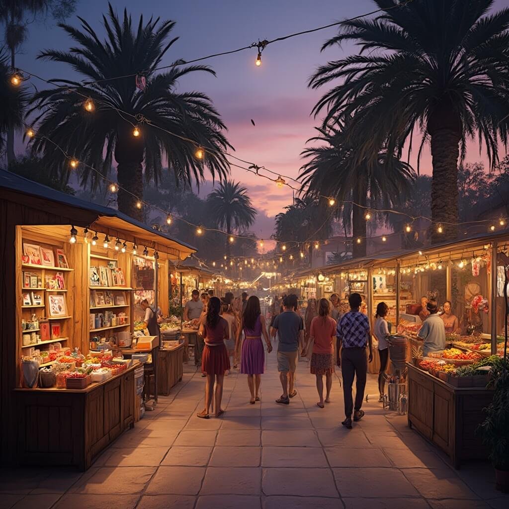 Sarasota in October: Your Ultimate Guide to Florida's Hidden Autumn Paradise Outdoor Bradenton Public Market at dusk with wooden stalls, local artisans, fresh produce, live music, food stalls, palm trees, and a purple-orange sunset.