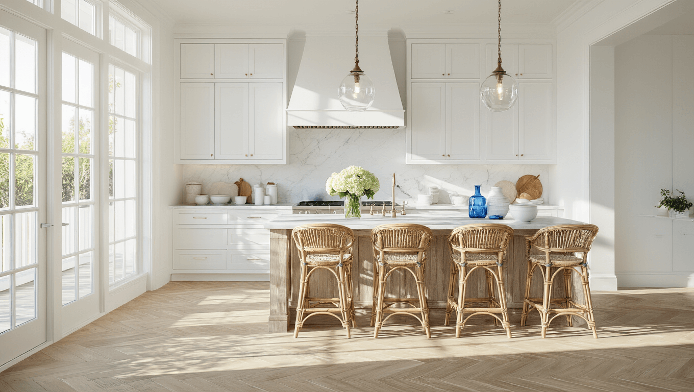 Bright coastal kitchen featuring white shaker cabinets, Carrara quartzite countertops, and a driftwood island, illuminated by golden morning sunlight streaming through floor-length windows.