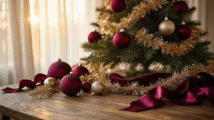Cinematic close-up of an elegant burgundy Christmas tree adorned with velvet ornaments, cascading champagne gold garland, and crystal decorations, set on a rustic farmhouse table with decorating supplies, under warm golden hour lighting.