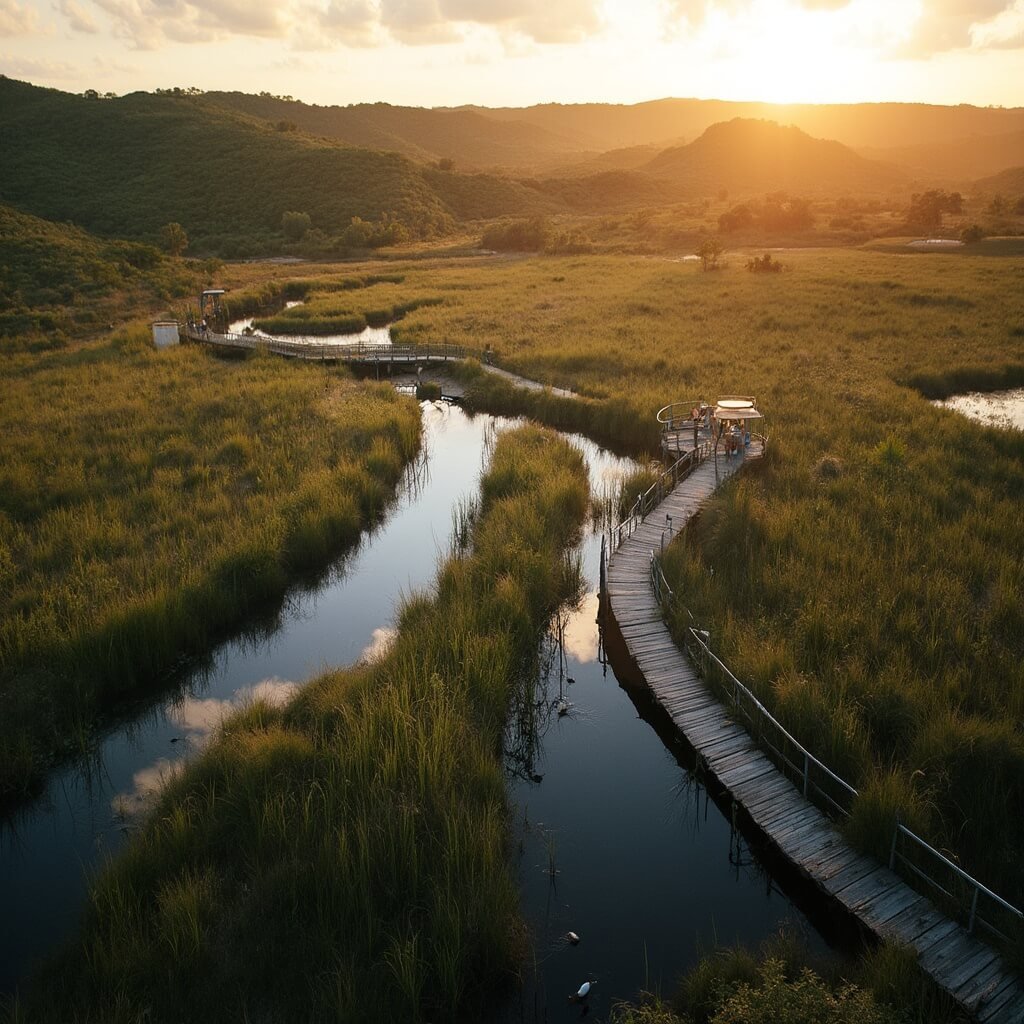 Aerial view of Celery Fields in Sarasota at golden hour, featuring winding boardwalks, wading birds, swaying grasses, rolling hills covered in native vegetation, and birdwatchers on observation platforms