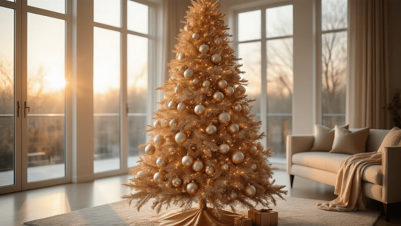 Opulent champagne gold Christmas tree adorned with metallic ornaments and blush accents in a luxurious living room, captured during golden hour with warm natural light, highlighting textures and creating a sophisticated atmosphere.