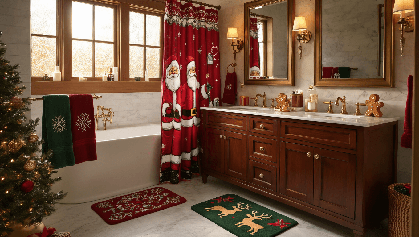 A luxurious master bathroom transformed into a Christmas wonderland, featuring a Santa-themed shower curtain, rich mahogany double vanity with marble countertops, gingerbread soap dispensers, embroidered holiday towels, reindeer bath mat, flickering pine-scented candles, a mini Christmas tree, and a cozy atmosphere illuminated by warm golden light.