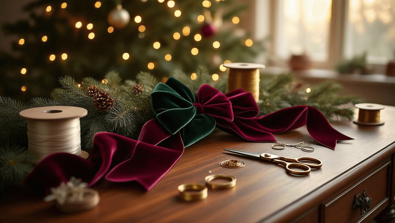 Elegant mahogany crafting table adorned with luxurious velvet ribbons in deep burgundy and forest green, professional bow-making tools, and twinkling Fraser fir Christmas tree in the background, all illuminated by warm golden hour light.