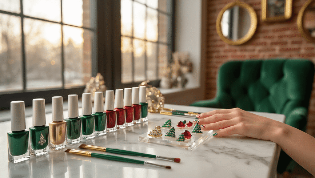 Christmas Tree Nails: Your Ultimate Guide to Festive Nail Art A beautifully styled nail art studio featuring a marble manicure station with intricate Christmas tree nail designs, surrounded by emerald green, gold, and red nail polishes, ambient holiday decorations, and warm golden hour lighting.