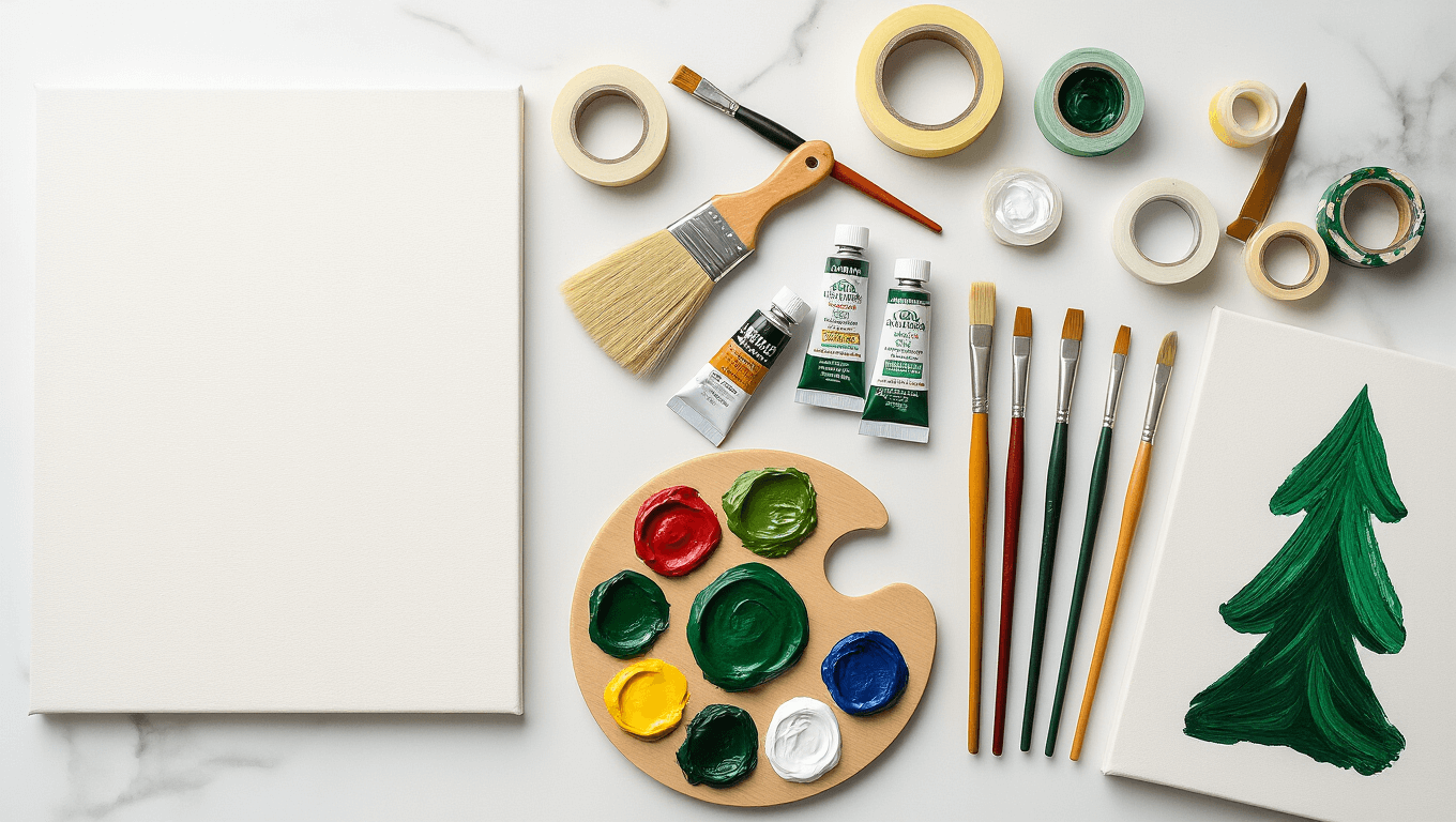 Cinematic overhead flat lay of Christmas tree painting supplies on a white marble surface, featuring vibrant acrylic paints, high-quality brushes, a blank canvas, painter's tape, palette knives, glass jars with water, pine needles, and LED string lights, all illuminated by warm golden hour lighting.