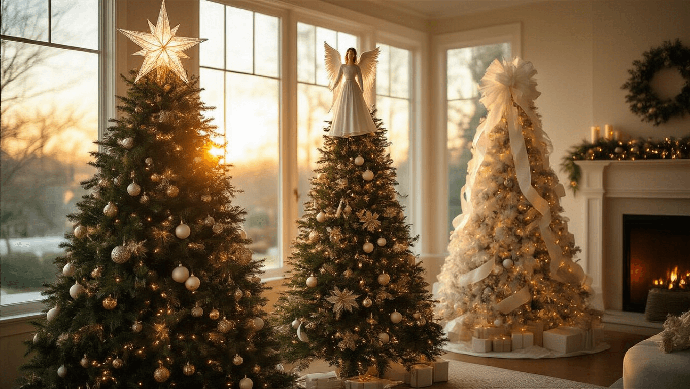 A warm and inviting living room during golden hour, showcasing three Christmas trees with different toppers: an illuminated crystal star on a 9ft Noble Fir, a porcelain angel on a 7.5ft Fraser Fir, and a modern slim tree topped with a white ribbon bow. The scene features rich textures, sparkling lights, and a festive color palette, with carefully arranged vintage ornaments and natural foliage.