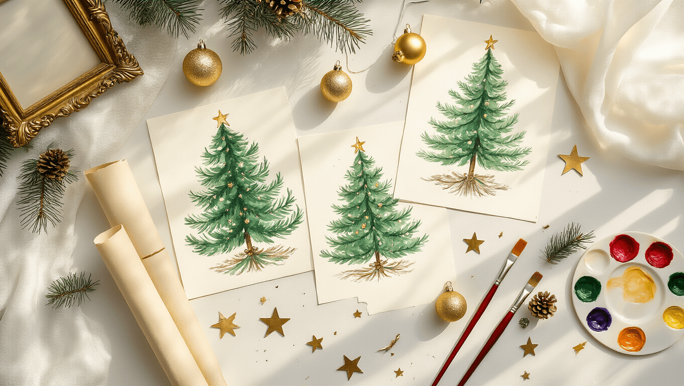 Cinematic overhead shot of a cozy art workspace with watercolor Christmas tree illustrations, vintage brass ornaments, pine sprigs, artist brushes, and soft natural lighting, evoking a festive holiday atmosphere.