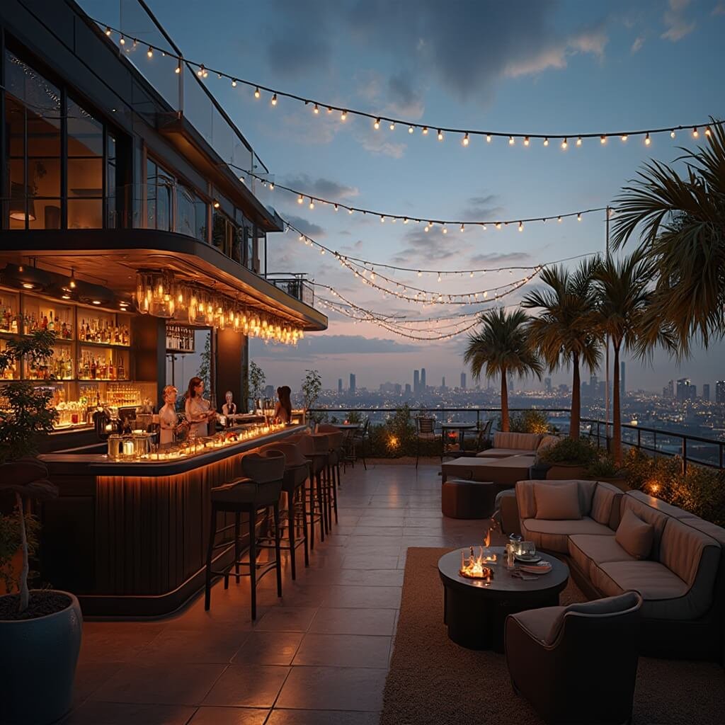 Rooftop bar at CityPlace, West Palm Beach at dusk with mixologists preparing cocktails, lounge seating, string lights overhead, city views, tropical plants, and art deco influences.