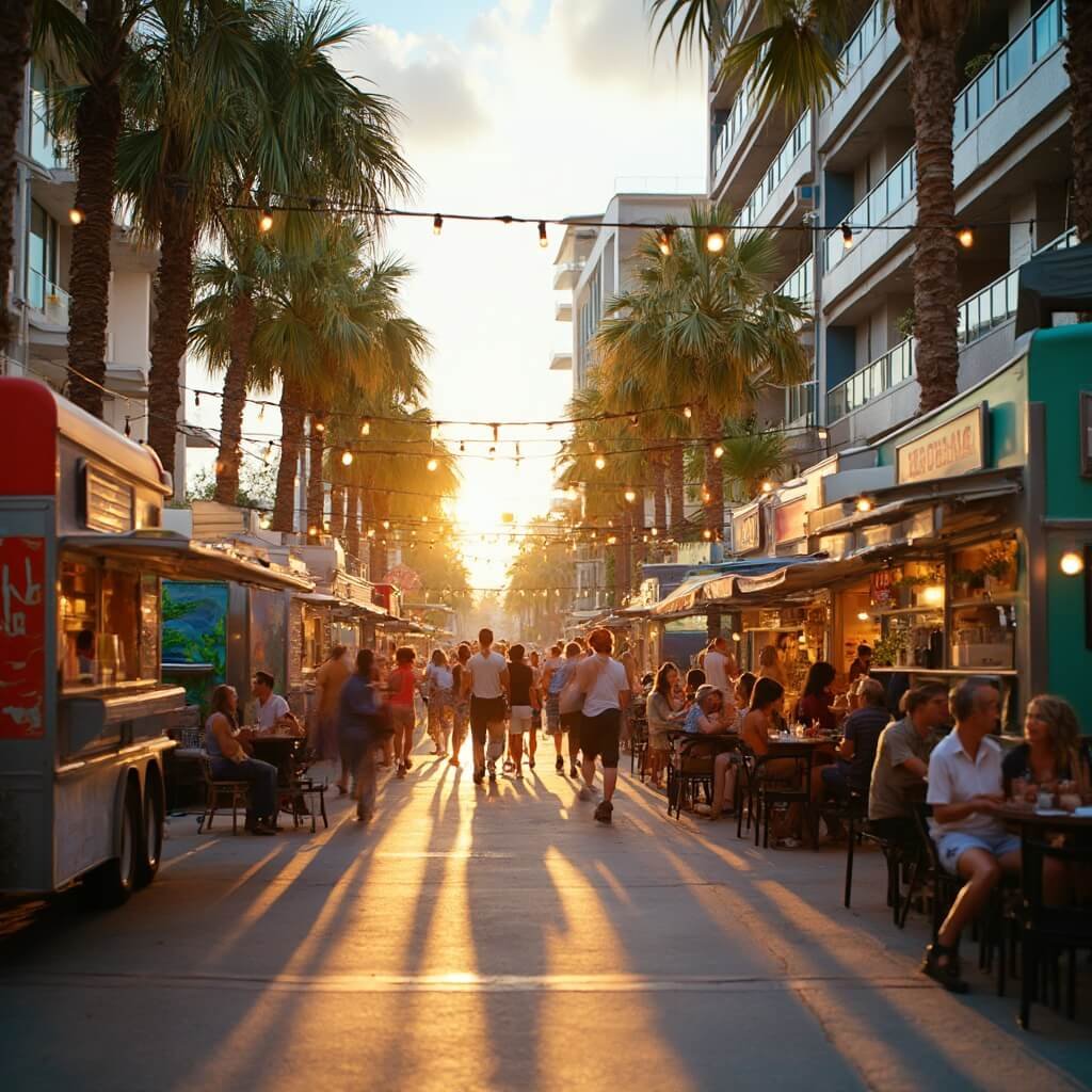Colorful food trucks, people at outdoor tables, and string lights on palm-tree lined Clematis Street, West Palm Beach in the golden afternoon light.