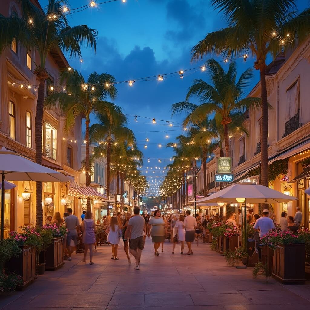 Evening scene of bustling Clematis Street in West Palm Beach featuring outdoor dining, Mediterranean architecture, tropical flowers, and pedestrians under a twilight sky.