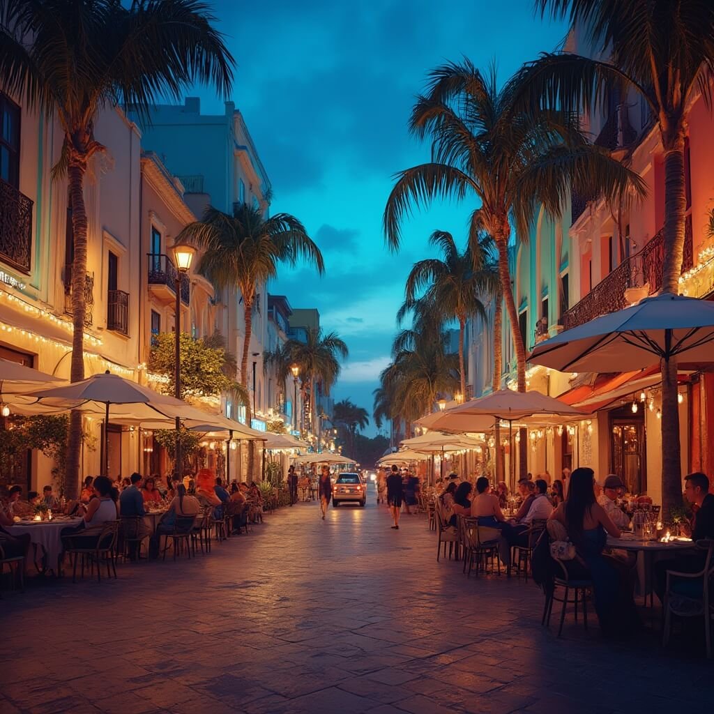 Clematis Street at twilight with Art Deco buildings, outdoor dining, palm tree silhouettes and warm street lighting