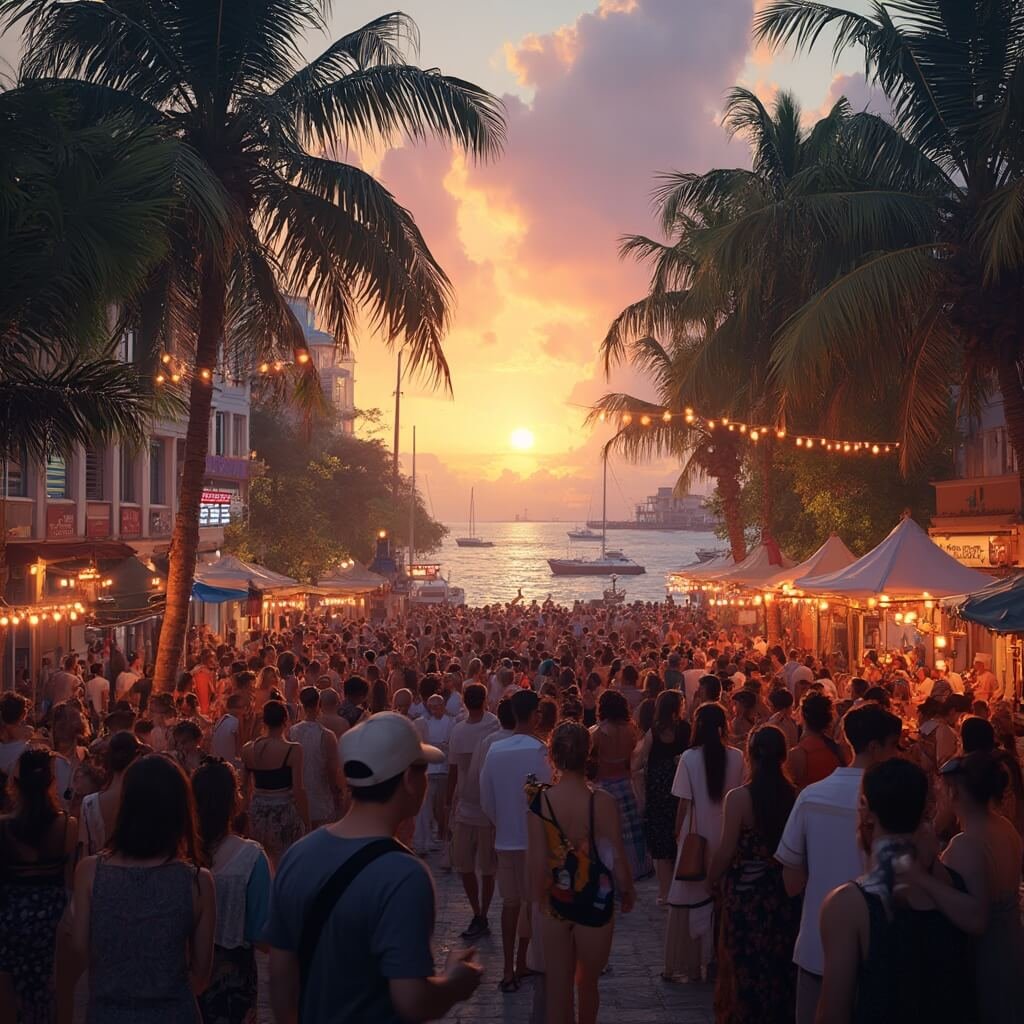 West Palm Beach in June: Your Ultimate Tropical Adventure Guide Bustling street scene at sunset on Clematis Street waterfront with local vendors, outdoor music concert, and crowd enjoying live performance under silhouetted palm trees and colorful sky