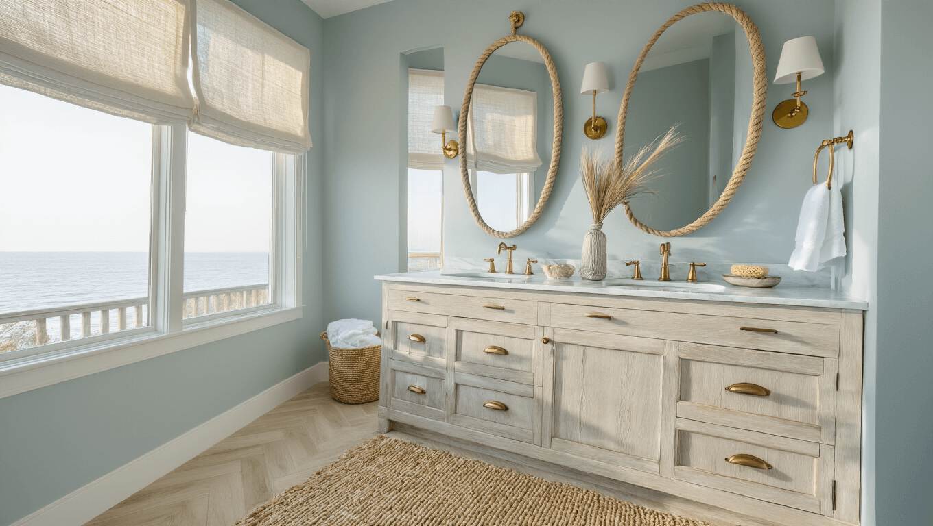 Sun-drenched master bathroom featuring a white oak double vanity with Carrara marble, pale blue-gray walls, and brass sconces, accentuated by soft natural light and a coastal decor arrangement.