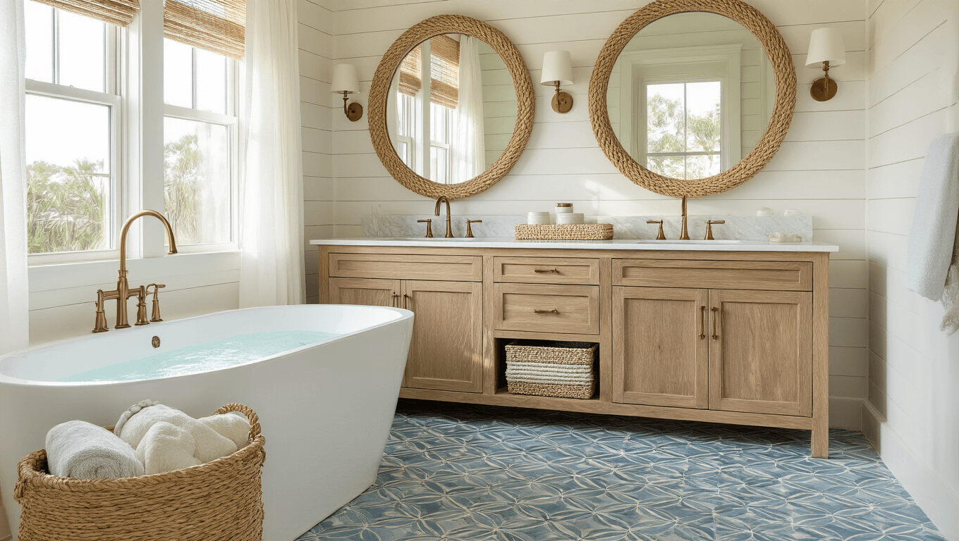 Coastal bathroom sanctuary featuring a weathered oak vanity, white marble countertop, brushed brass fixtures, and ample natural light through sheer curtains, with geometric blue tiles, a freestanding tub, seagrass baskets, and eucalyptus accents, all bathed in warm golden hour lighting.