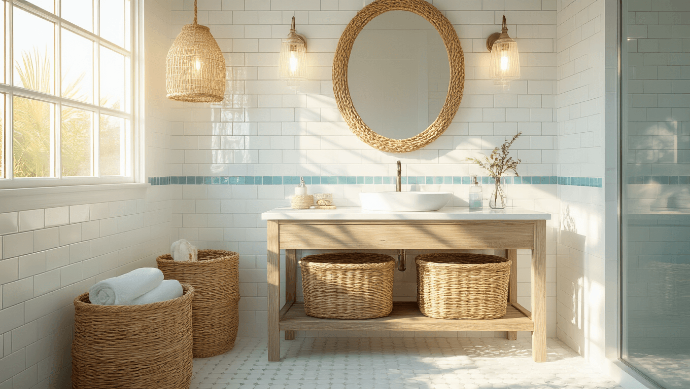 A serene coastal bathroom featuring white subway tiles with sea glass blue grout, a driftwood vanity with white marble, rattan baskets, a rope-detailed mirror, glass sconces, hexagon floor tiles, and plush blue towels, all illuminated by golden morning sunlight.