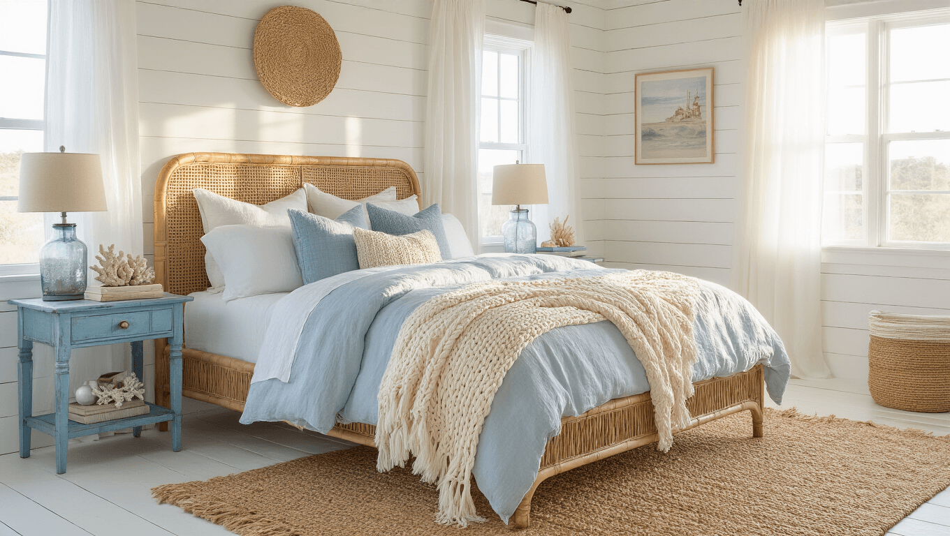 A sunlit coastal granddaughter's bedroom featuring a rattan bed with white and blue linens, gauzy white curtains, vintage-inspired shiplap walls, a jute rug, and curated coastal decor, all captured in warm, natural light.