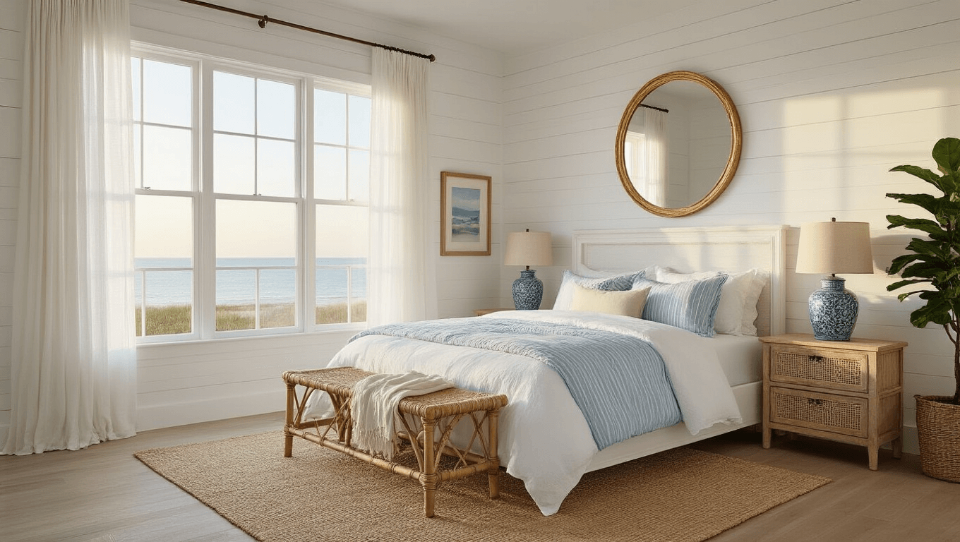 A beautifully designed coastal bedroom bathed in golden hour light, featuring a whitewashed queen bed with layered textured bedding, weathered cane nightstands, a vintage rattan bench, and a shiplap accent wall, complemented by a fiddle leaf fig and muted coastal artwork.