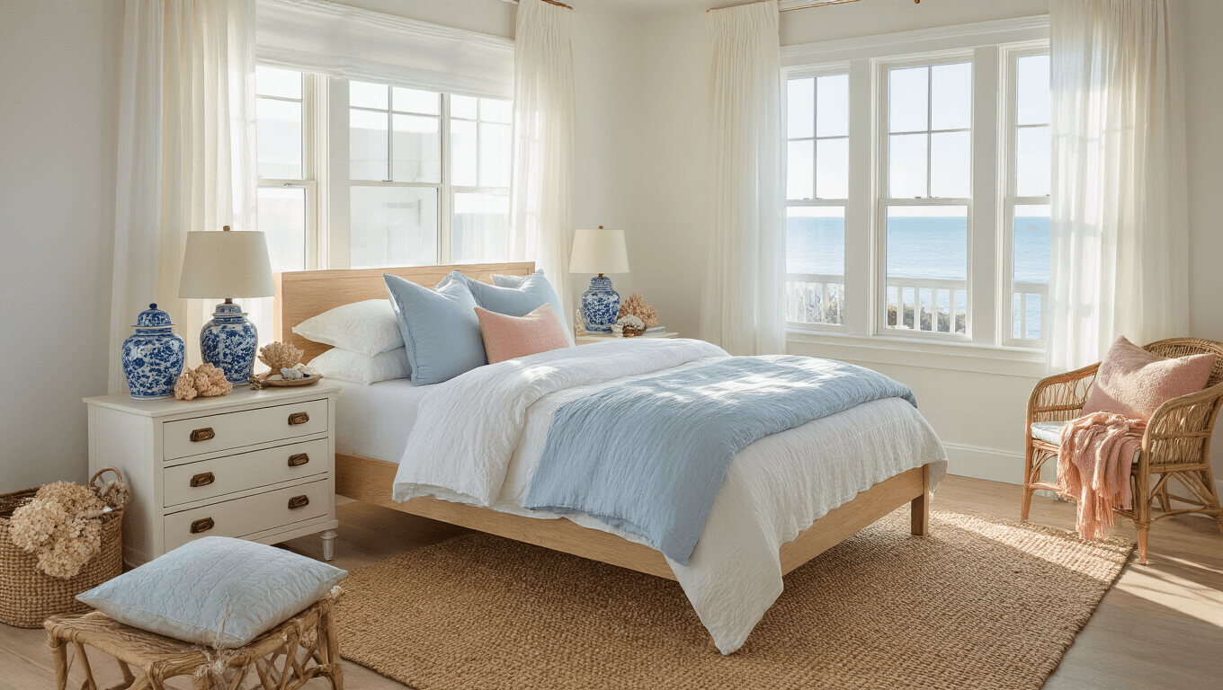 A tranquil coastal bedroom with a light oak platform bed dressed in white and powder blue linens, bathed in soft morning light from large bay windows adorned with sheer curtains. The room features a vintage dresser, a rattan chair, a jute rug, and a built-in window seat, all styled with coastal-themed decor and a pastel color palette.