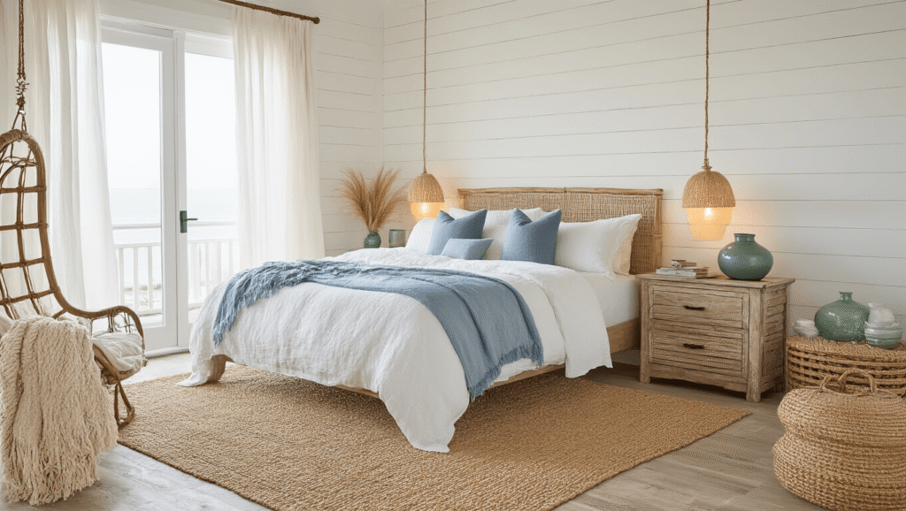 Creating Your Perfect Coastal Bedroom Retreat: A Comprehensive Guide Cinematic coastal bedroom retreat with soft linen bedding, rattan furniture, and jute textures, featuring natural light, a king-size bed, driftwood nightstands, and decorative elements in a serene color palette.