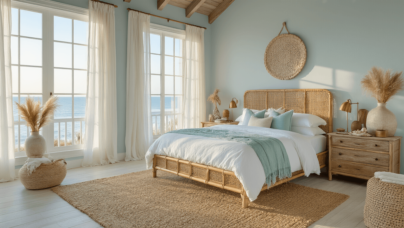 A serene coastal bedroom featuring a rattan king bed with crisp white linen and seafoam accents, illuminated by golden hour sunlight through floor-to-ceiling windows, complemented by weathered driftwood nightstands and natural textures.