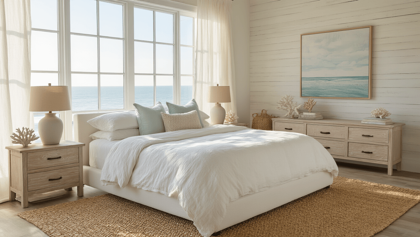 Cinematic wide-angle shot of a serene coastal bedroom with a white linen bed, bleached oak nightstands, and morning light streaming through large windows, featuring a jute rug, billowing curtains, and textured decor in soft coastal colors.