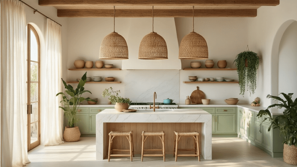 Coastal Boho Kitchen: Your Ultimate Guide to Relaxed, Breezy Design Cinematic view of a coastal boho kitchen featuring a marble waterfall island, rattan pendant lights, and natural textures, illuminated by golden hour sunlight.