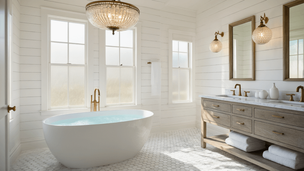 Coastal Chic Bathroom: Your Ultimate Guide to a Serene Seaside Retreat A photorealistic interior of a coastal master bathroom featuring a freestanding oval tub, white shiplap walls, warm light from frosted windows, a brass chandelier, and a gray floating vanity with marble top, accented by natural decor and soft textures.