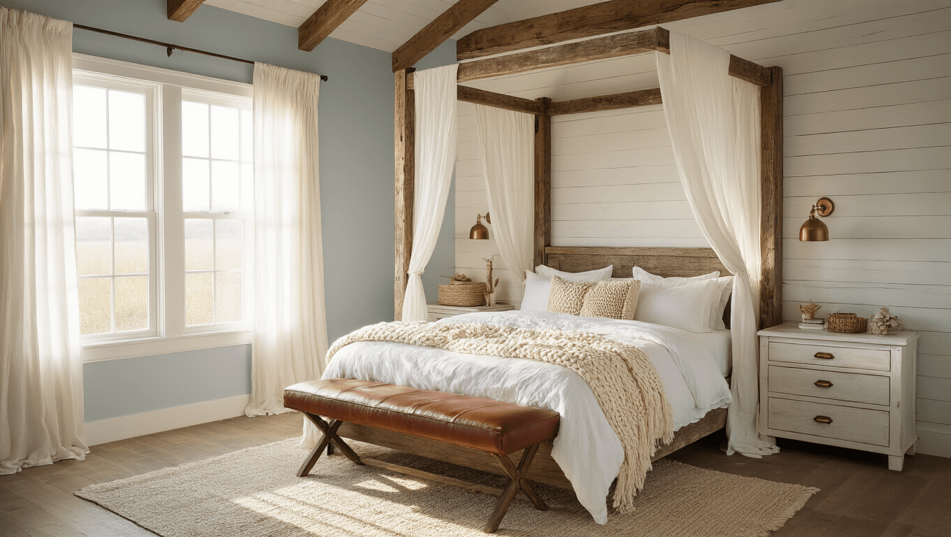A dreamy coastal cowgirl bedroom featuring a reclaimed wood canopy bed with white linens and chunky knit throws, bathed in warm golden light, complemented by leather accents, shiplap walls, and vintage decor.