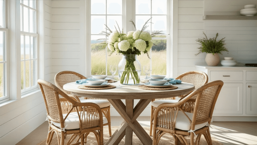 Coastal Kitchen Table: Your Ultimate Guide to Beach-Inspired Dining Elegance Photorealistic wide shot of an elegant coastal kitchen with a round weathered oak dining table, woven rattan chairs, and natural morning light illuminating white shiplap walls and a pale blue accent wall, styled with layered table settings and a beach-inspired centerpiece.