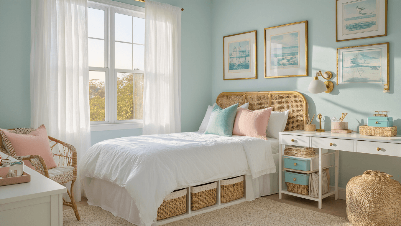 A sun-drenched dorm room styled with a twin XL bed in white linens and blush pink accents, featuring a rattan headboard, a white lacquered desk with brass accessories, and coastal-themed decor, all bathed in warm golden hour light.