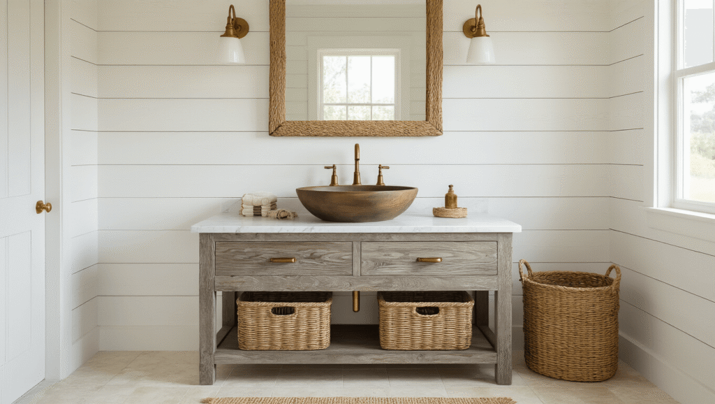 Photorealistic coastal farmhouse bathroom with white shiplap walls, driftwood vanity, brass fixtures, and soft morning light creating a serene atmosphere.
