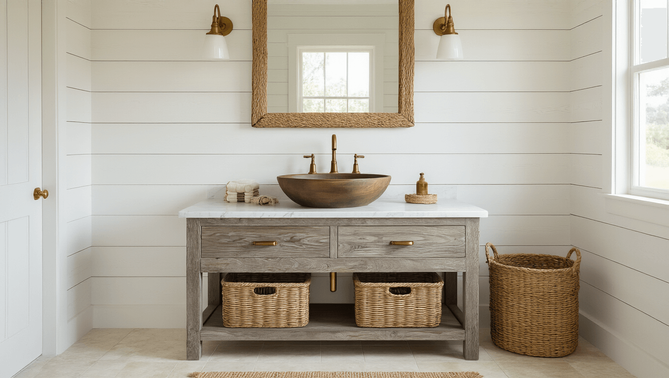 Photorealistic coastal farmhouse bathroom with white shiplap walls, driftwood vanity, brass fixtures, and soft morning light creating a serene atmosphere.
