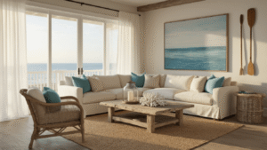 Coastal Home Decor: Your Ultimate Florida-Inspired Sanctuary A sun-drenched coastal living room with floor-to-ceiling windows, sheer curtains, a cream sectional sofa, rattan chairs, and a driftwood coffee table, adorned with coral and a lantern, set against abstract seascape artwork and whitewashed shiplap walls, bathed in warm golden hour light.