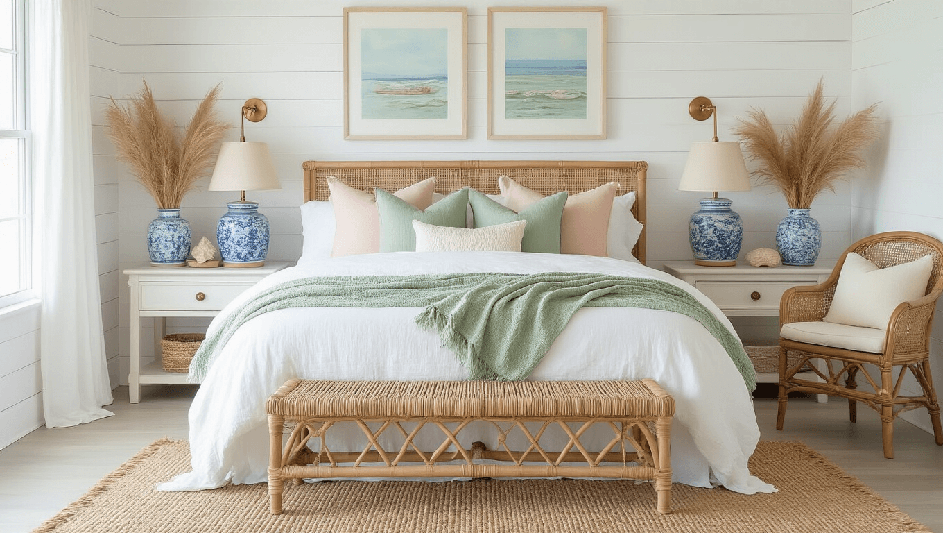 Wide-angle shot of a dreamy coastal granddaughter bedroom featuring white linen bedding, layered throws in sage green and blush pink, a rattan bench, and shiplap walls, highlighted by warm sunlight and vintage decor elements.