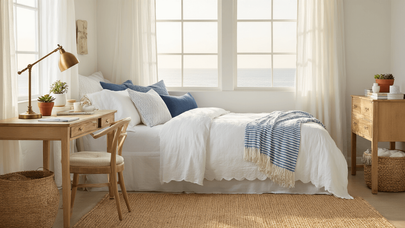Cozy coastal-themed dorm room with a lofted bed, honey-toned desk, seashell wallpaper, and warm ambient lighting, featuring soft blues, whites, and sandy beiges.