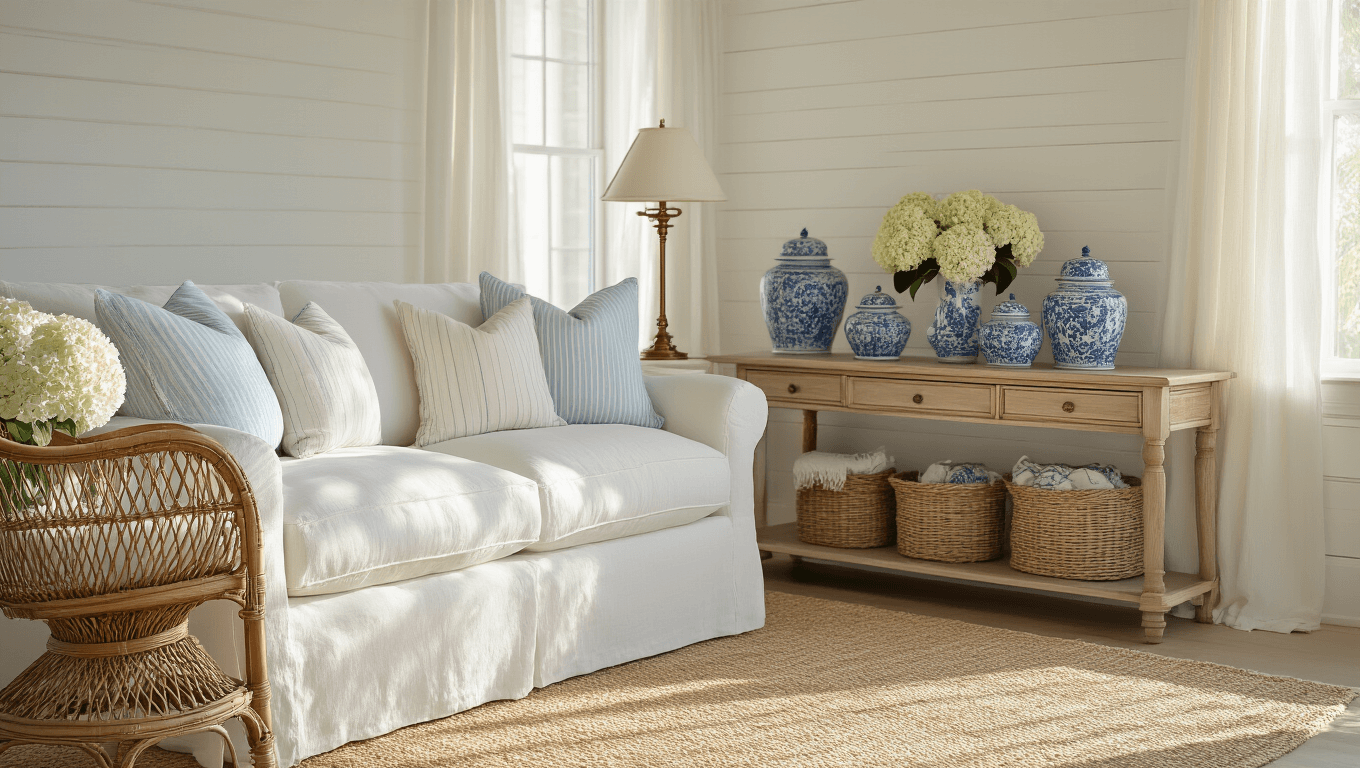 A sunlit coastal living room featuring a white linen slipcovered sofa with striped pillows, a vintage rattan peacock chair, and a weathered oak console table with blue-and-white ginger jars, illuminated by golden hour light through gauzy white curtains.