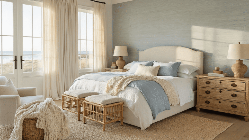 Coastal Grandma Bedroom: Your Ultimate Guide to Timeless, Breezy Elegance Cinematic wide-angle shot of a serene coastal grandma bedroom at golden hour, featuring a plush upholstered bed with white linen bedding, vintage dresser, rattan nightstands, and soft textured decor in a neutral palette.