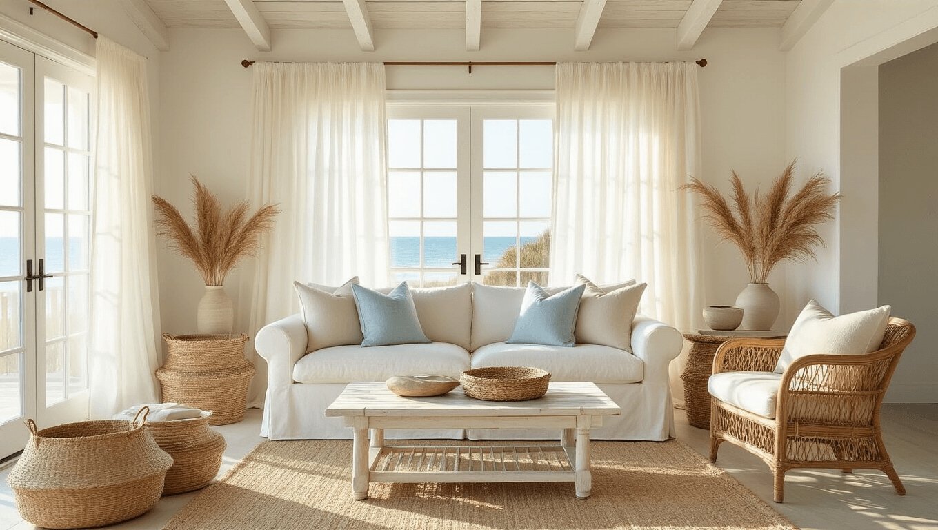 A sunlit coastal living room with a plush ivory linen sofa, rattan accent chair, and weathered whitewashed coffee table, featuring throw pillows in soft blues and beige, and decorated with fresh hydrangeas and seagrass baskets, embodying a breezy, elegant summer aesthetic.