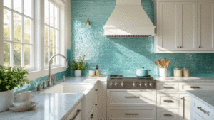 Coastal Kitchen Backsplash: Your Ultimate Guide to Seaside-Inspired Design A sunlit coastal kitchen featuring an iridescent glass mosaic backsplash in aqua and seafoam tones, white shaker cabinets, Carrara marble countertops, and a farmhouse sink, with large bay windows illuminating the space, showcasing a prominent wave-like backsplash pattern and coastal decor elements.