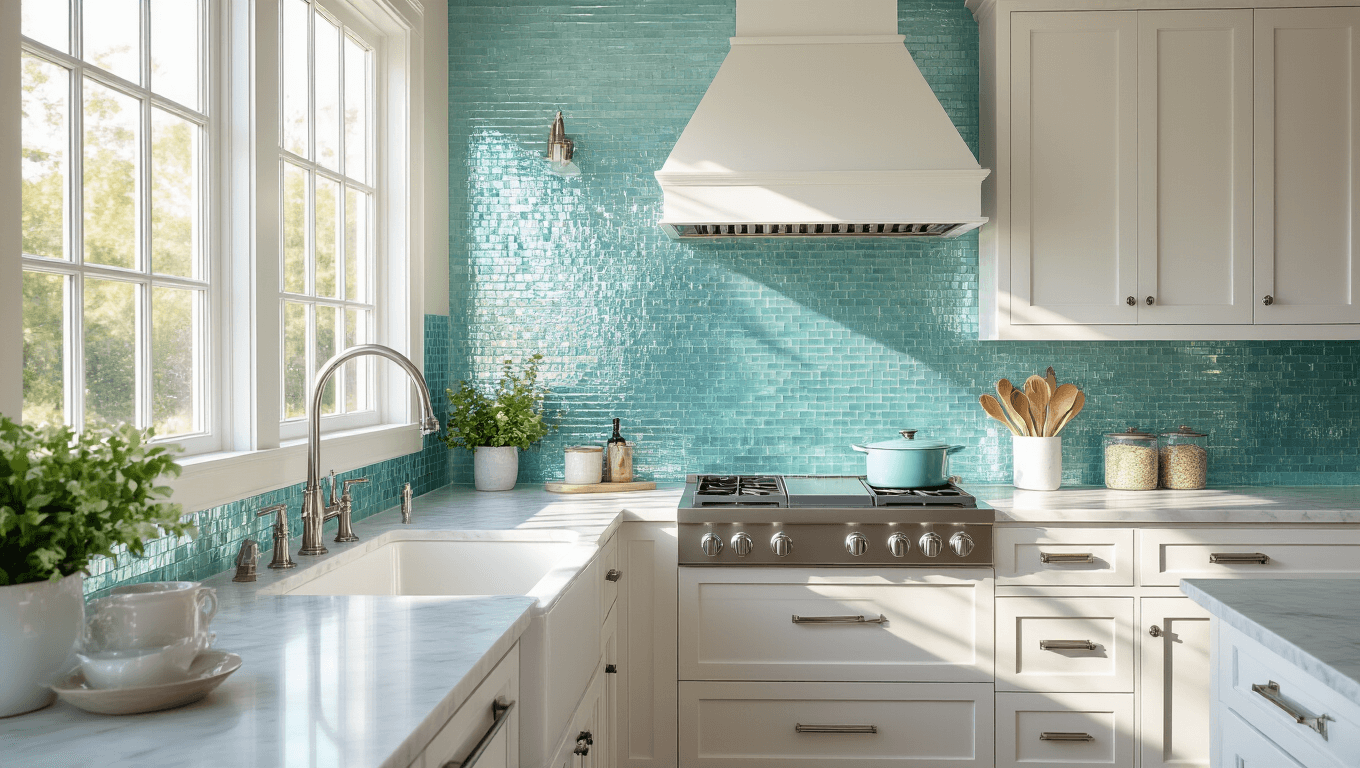 A sunlit coastal kitchen featuring an iridescent glass mosaic backsplash in aqua and seafoam tones, white shaker cabinets, Carrara marble countertops, and a farmhouse sink, with large bay windows illuminating the space, showcasing a prominent wave-like backsplash pattern and coastal decor elements.