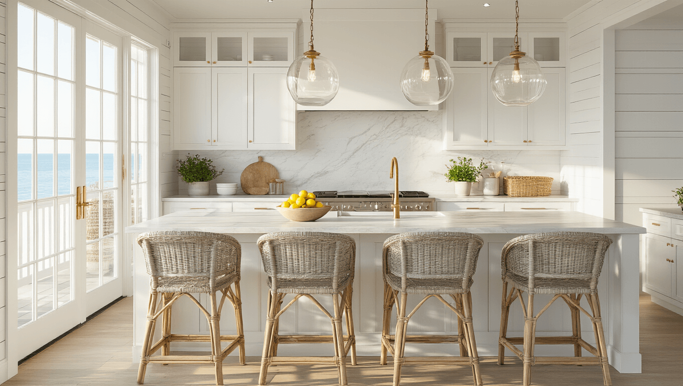 Photorealistic wide-angle view of a sunlit coastal kitchen featuring white shaker cabinets, oversized glass pendant lights, and marble-look quartz countertops, enhanced by soft golden hour lighting and a serene coastal color palette.