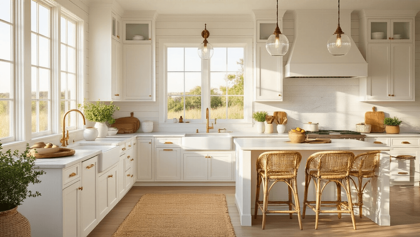 A bright coastal kitchen at golden hour featuring white shaker cabinets, sandy beige quartzite countertops, and large windows. A farmhouse sink and central island with rattan barstools are illuminated by glass pendant lights, with layered textures from wooden cutting boards, ceramic vessels, and herbs in terra cotta pots. Light oak flooring and a natural jute runner add warmth to the space.