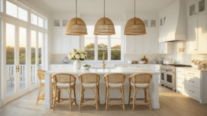 Coastal White Kitchen: Your Ultimate Guide to Breezy, Elegant Design A bright coastal kitchen with white shaker cabinets, a massive quartz waterfall island, and natural light streaming through bay windows, featuring rattan bar stools, seagrass pendant lights, and coastal decor at golden hour.