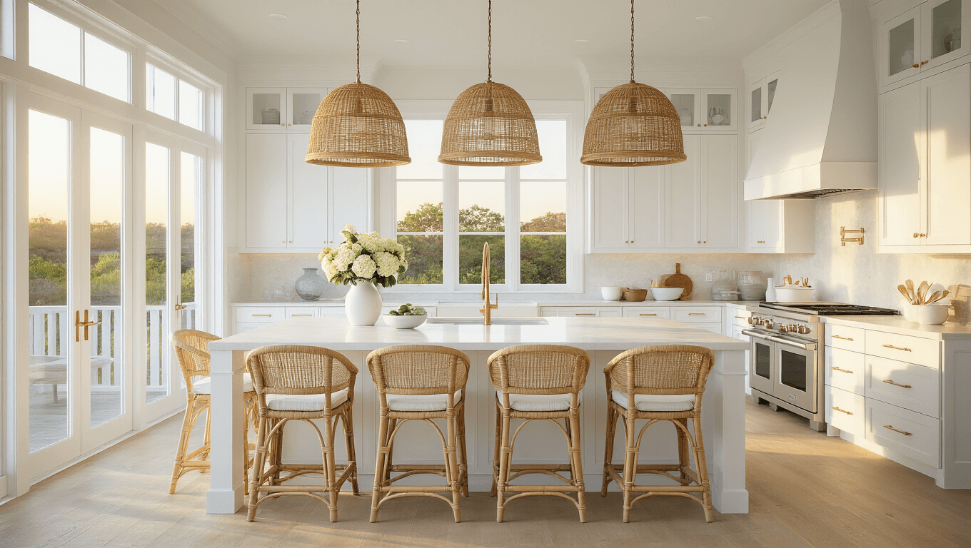 A bright coastal kitchen with white shaker cabinets, a massive quartz waterfall island, and natural light streaming through bay windows, featuring rattan bar stools, seagrass pendant lights, and coastal decor at golden hour.