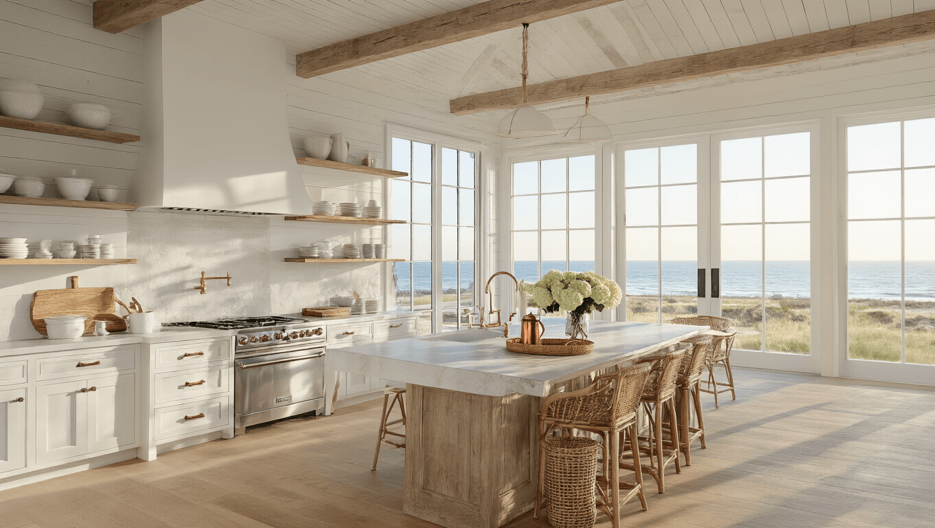 Photorealistic kitchen in a coastal farmhouse during golden hour, featuring wooden beams, white shaker cabinets, a driftwood island with marble top, ocean view windows, and decor elements like a copper French press and hydrangeas.