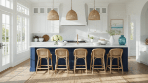 Beach Kitchen Ideas: Transform Your Space into a Coastal Sanctuary Photorealistic coastal kitchen with white cabinets, navy blue island, quartzite countertops, oak hardwood floors, rattan barstools, and coastal decor captured in soft morning light.