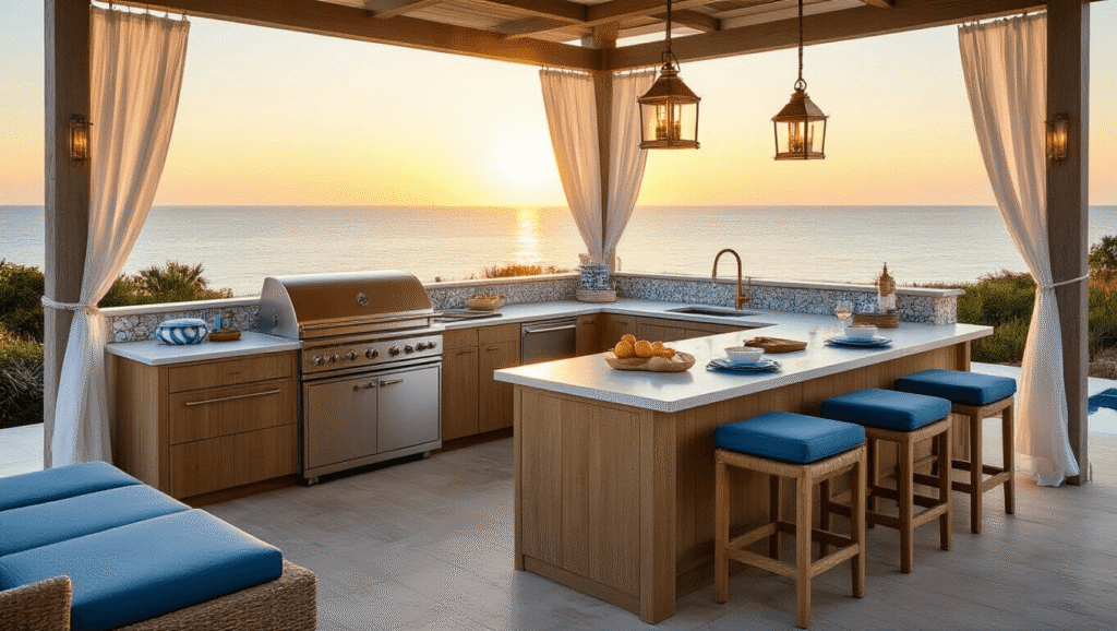 Coastal Outdoor Kitchen: Transform Your Backyard into a Seaside Cooking Paradise Luxurious L-shaped outdoor kitchen pavilion at sunset with marine-grade appliances, weathered teak cabinetry, and seafoam blue bar stools, all set against a blurred ocean backdrop, featuring coastal decor and warm ambient lighting.