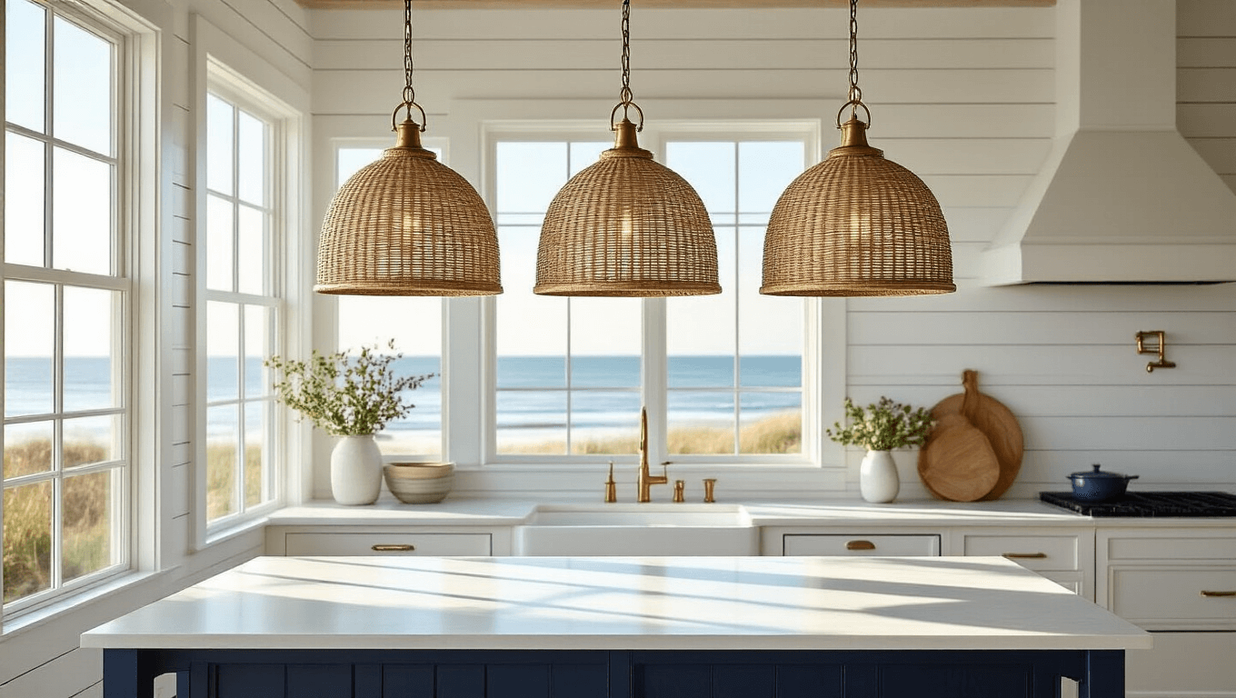 Photorealistic coastal kitchen with oversized rattan pendant lights, white quartz island, shiplap walls, and ocean views, captured during golden hour.