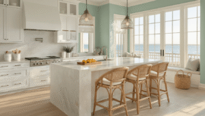 Coastal Kitchen Design: Transform Your Cooking Space into a Seaside Sanctuary Sun-drenched coastal kitchen with white shaker cabinets, a massive quartz island, natural rattan barstools, seafoam green accent wall, and decorative elements like a weathered teak cutting board, potted palm, and white hydrangeas, all bathed in golden hour lighting.